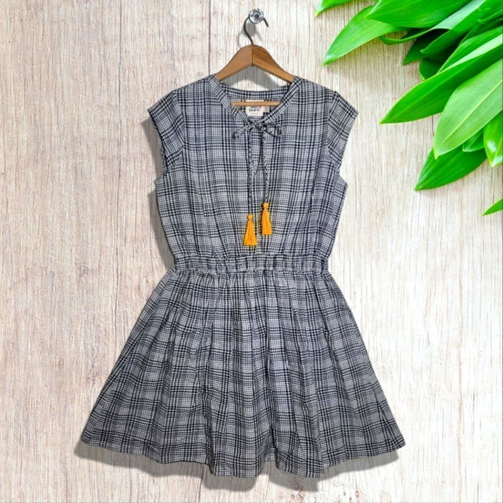 Meta Traders Plaid Smocked Tassle Tie Dress